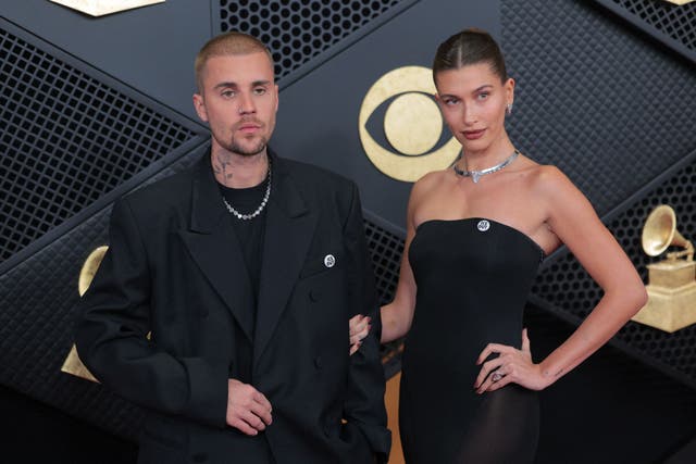 <p>Justin and Hailey Bieber wore ‘ICE out’ pins at the Grammys</p>