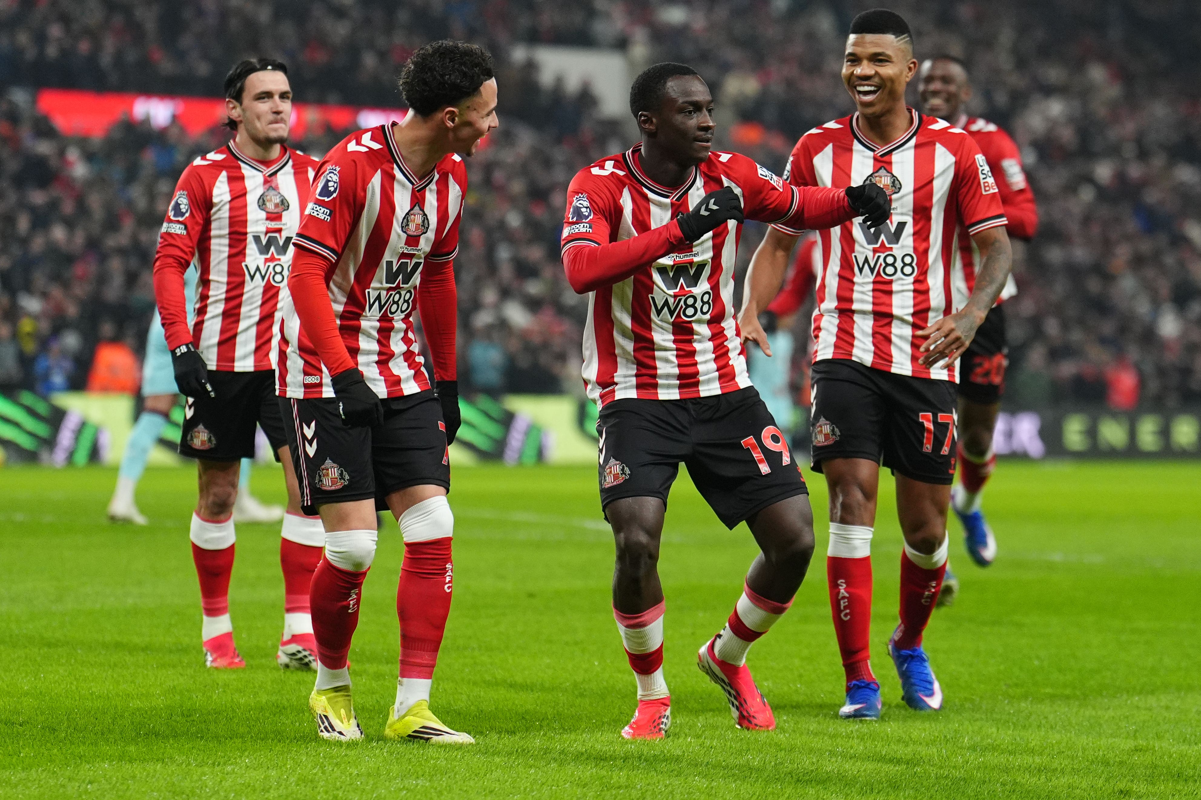 Habib Diarra, centre, inspired Sunderland’s win (Martin Rickett/PA)