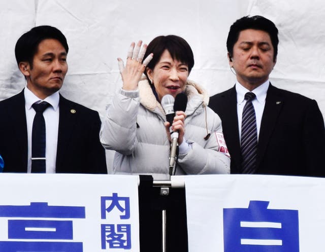<p>Japan's Prime Minister and President of the Liberal Democratic Party (LDP) Sanae Takaichi (C) delivers a speech during the House of Representatives election campaign in Kani, Gifu prefecture</p>