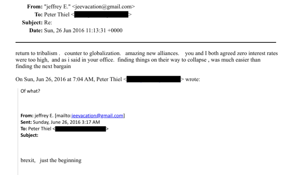 Epstein appears to have celebrated Brexit in an email thread with tech billionaire Peter Thiel