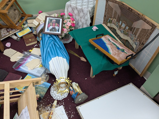 <p>Burglars left a Catholic school's chapel in ruins after raiding the holy building on Monday morning</p>