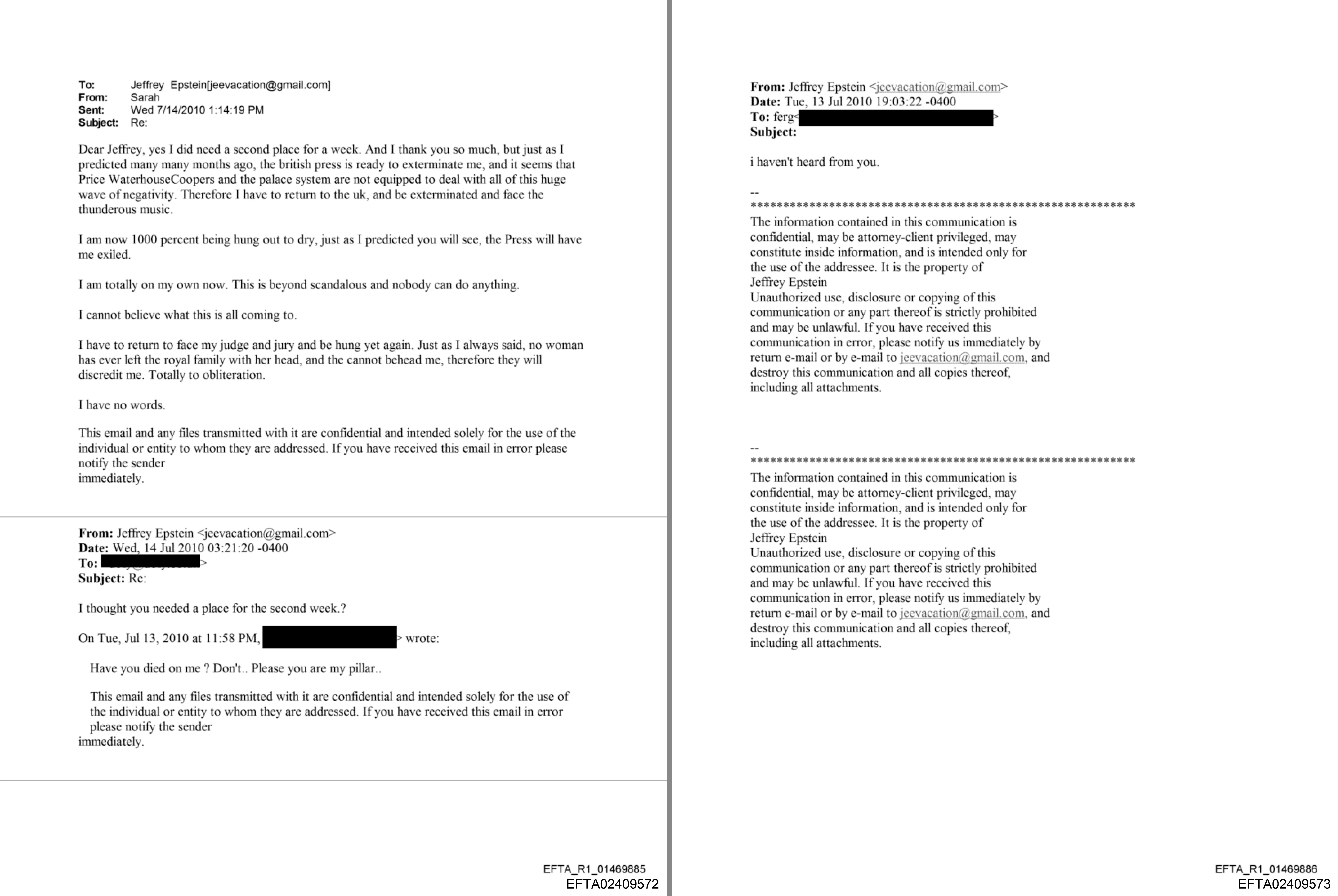 Documents released by the DOJ show Ms Ferguson calling Epstein ‘my pillar’