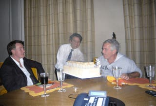 Lord Mandelson and Epstein being presented with a cake