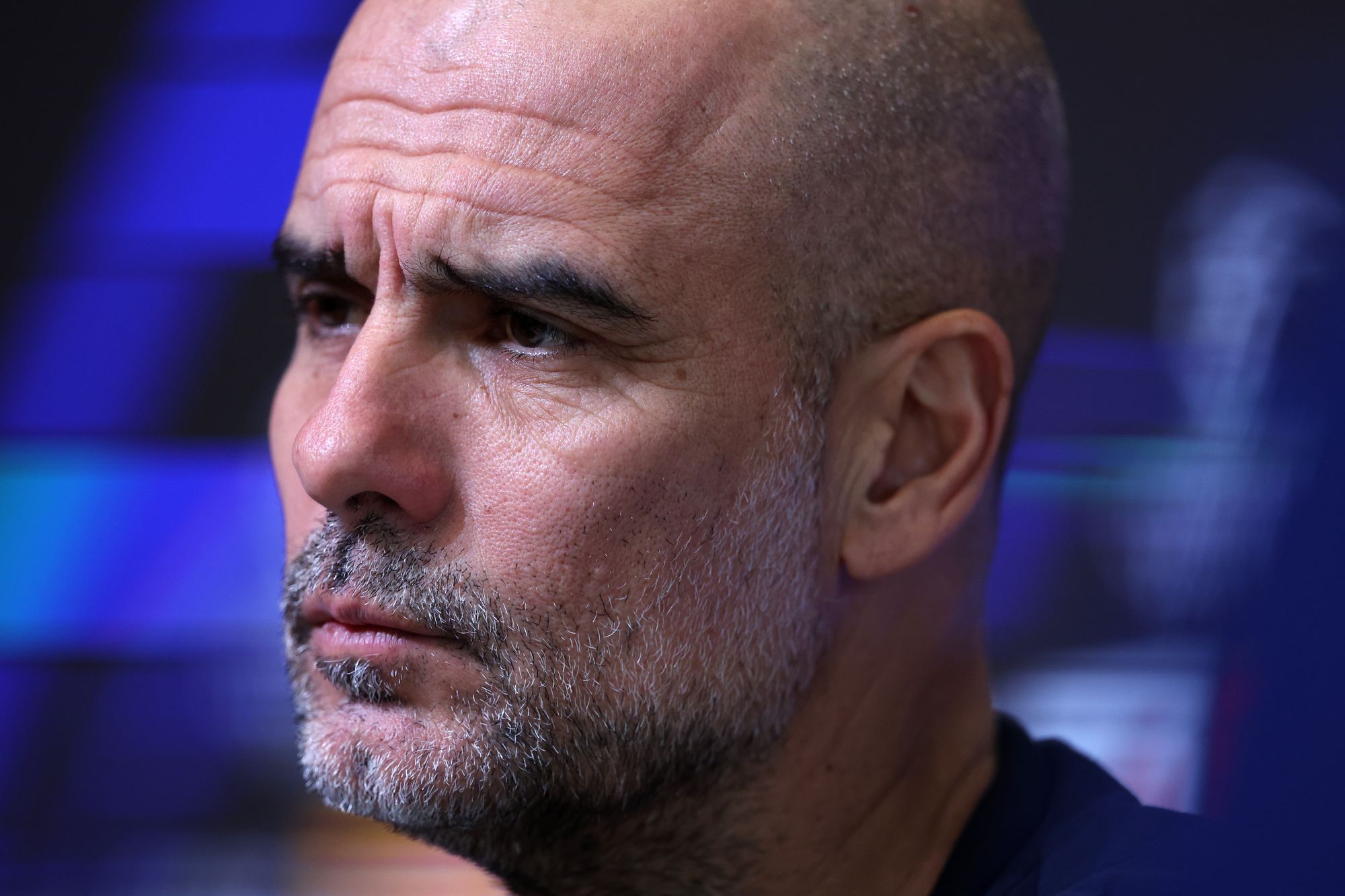 <p>Pep Guardiola, Manager of Manchester City, reacts during a press conference</p>