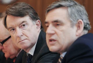 Then-business secretary Lord Mandelson with then-prime minister Gordon Brown in 2010 (Luke MacGregor/PA)