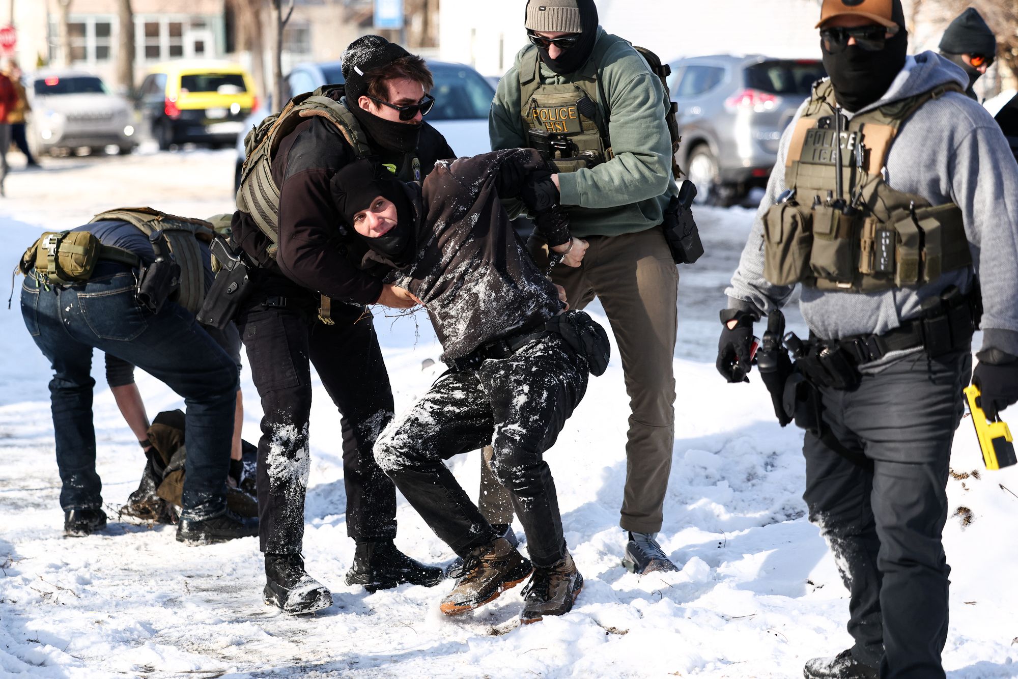 <p>Federal agents detain a protester in Minneapolis, Minnesota on February 3, 2026. A US judge on January 31, 2026 denied Minnesota's bid to force Immigration and Customs Enforcement (ICE) to suspend its sweeping detention and deportation operation in the state that has left two US citizens dead and fueled massive protests.</p>