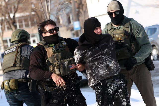 <p>Federal agents detain a protester in Minneapolis, Minnesota, on February 3, 2026</p>
