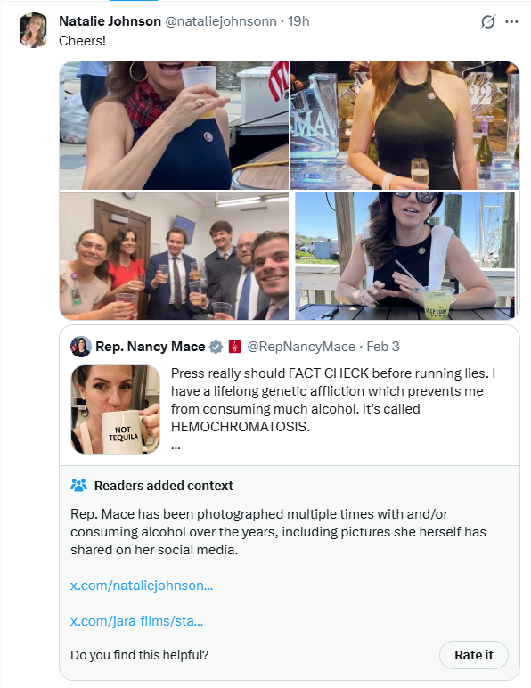 Nancy Mace's former head of communications shared multiple photos of Mace drinking alcohol to push back on the congresswoman's claims that she can't consume alcoholic beverages.