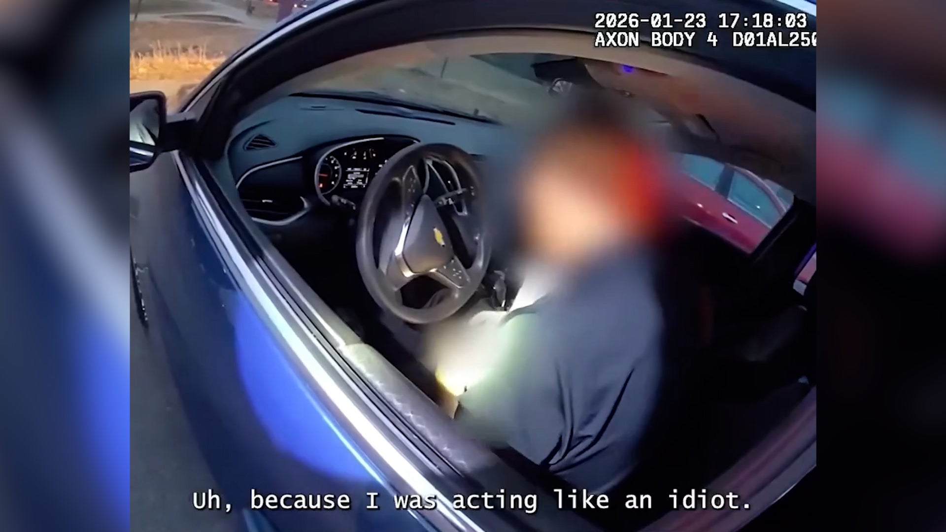 Body camera footage of the incident just after 5 p.m. on January 23 showed officers approaching the vehicle and questioning the driver, who admits he was ‘acting like an idiot’