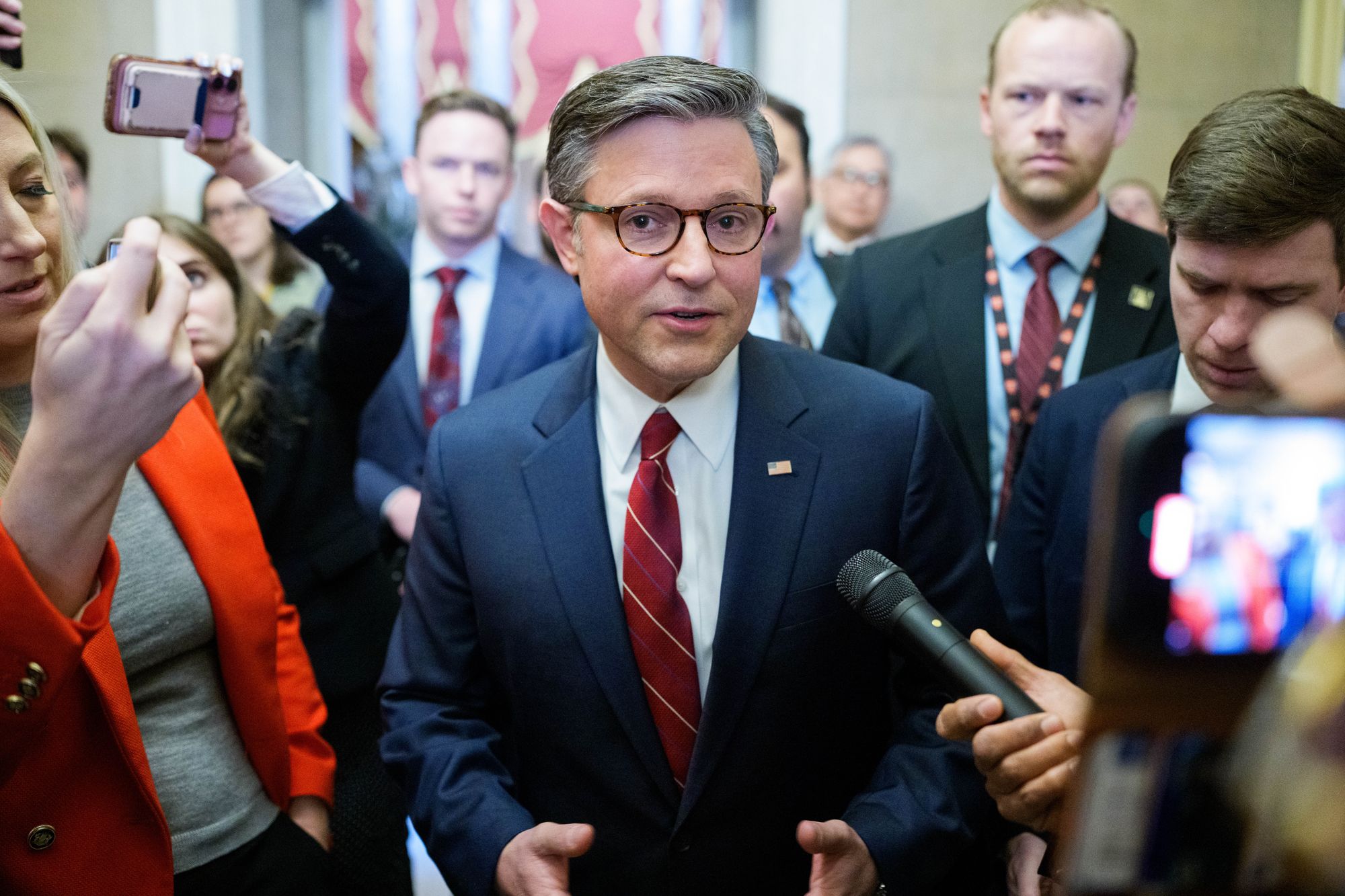<p>Speaker of the House Mike Johnson (R-LA) speaks with reporters following a rules vote on funding the U.S. government at the U.S. Capitol February 3, 2026 in Washington, DC. </p>