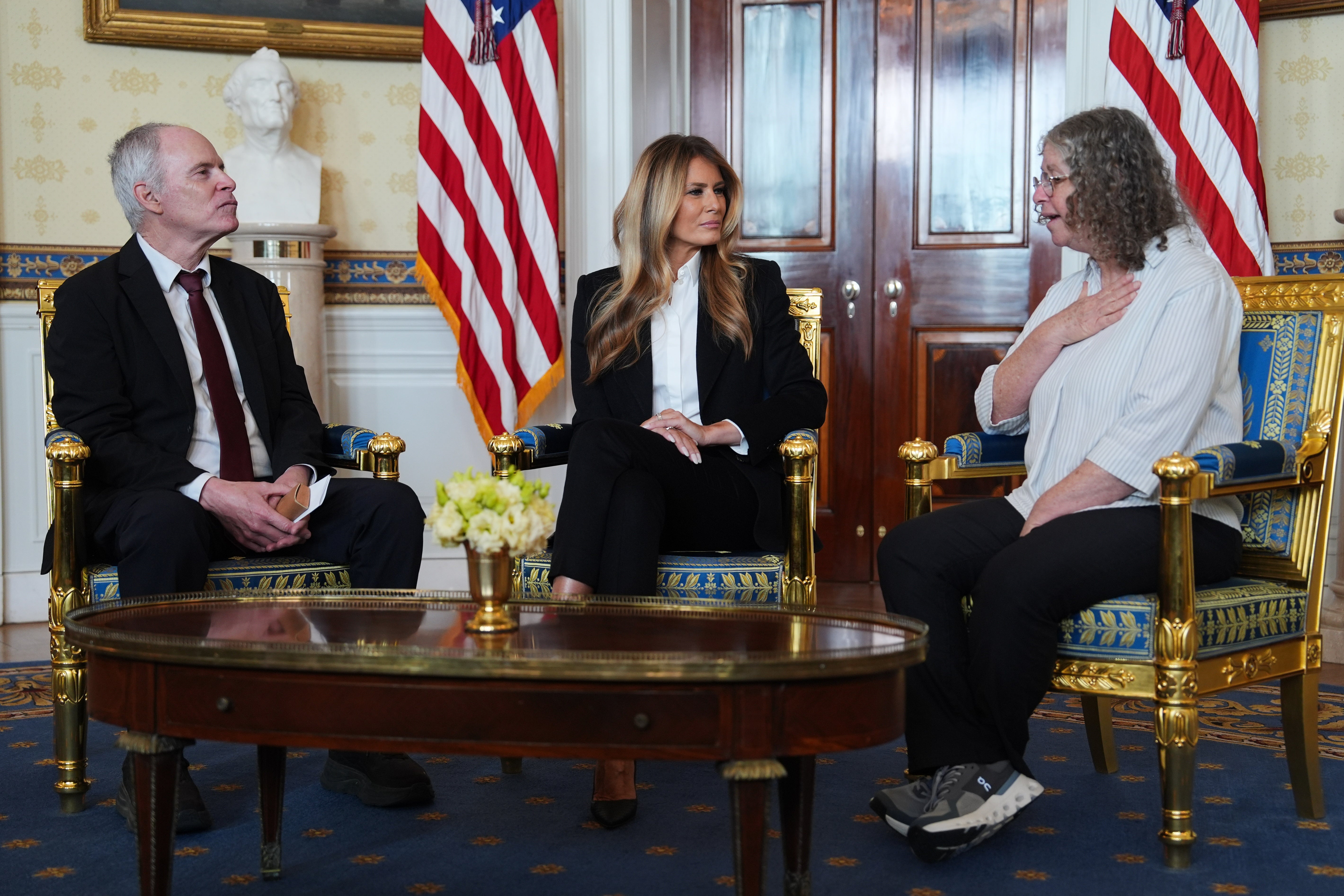 <p>First Lady Melania Trump meets with freed American-Israeli hostage Keith Siegel and his wife Aviva at the White House. Trump was asked by a reporter at the event about calls to move Jeffrey Epstein accomplice Ghislaine Maxwell to a high security prison, but quickly dismissed the question</p>