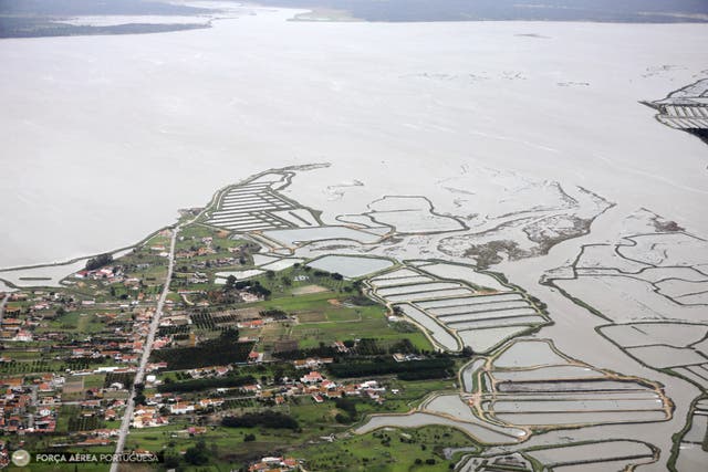 <p>Floodwaters from the Sado River covering roads and fields in Setubal district amid Storm Leonardo.</p>