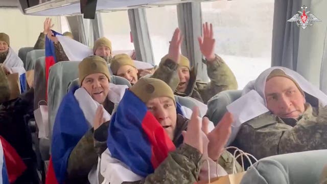 A still image from a video released by the Russian Defence Ministry shows what it said to be Russian service personnel captured by Ukrainian forces and released during the latest exchange of prisoners of war 