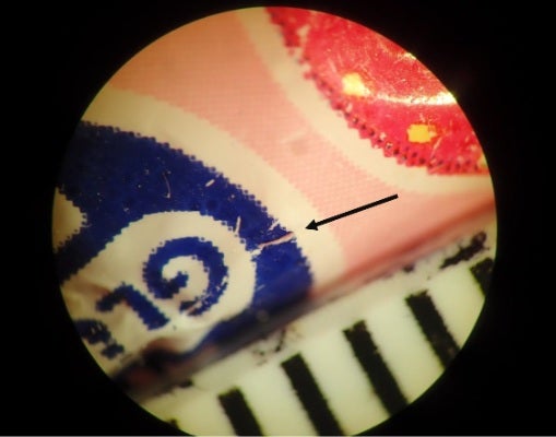 An insertion mark into one of the sweets. Police say Ruben injected tranqualisers into the sweets