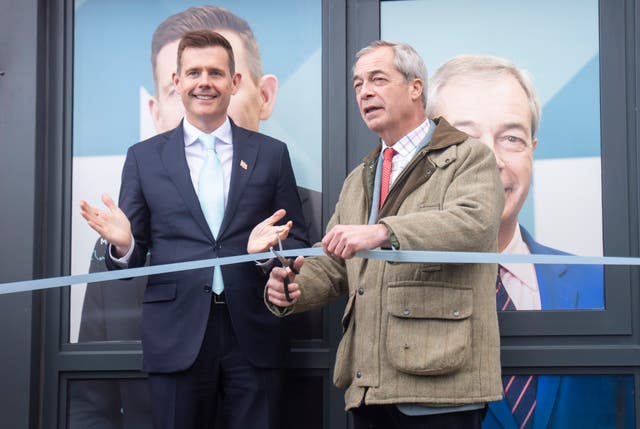 <p>Reform UK leader Nigel Farage (right) and Reform UK's Gorton and Denton by-election candidate Matt Goodwin open their campaign headquarters in Malbern Business Park, Denton</p>