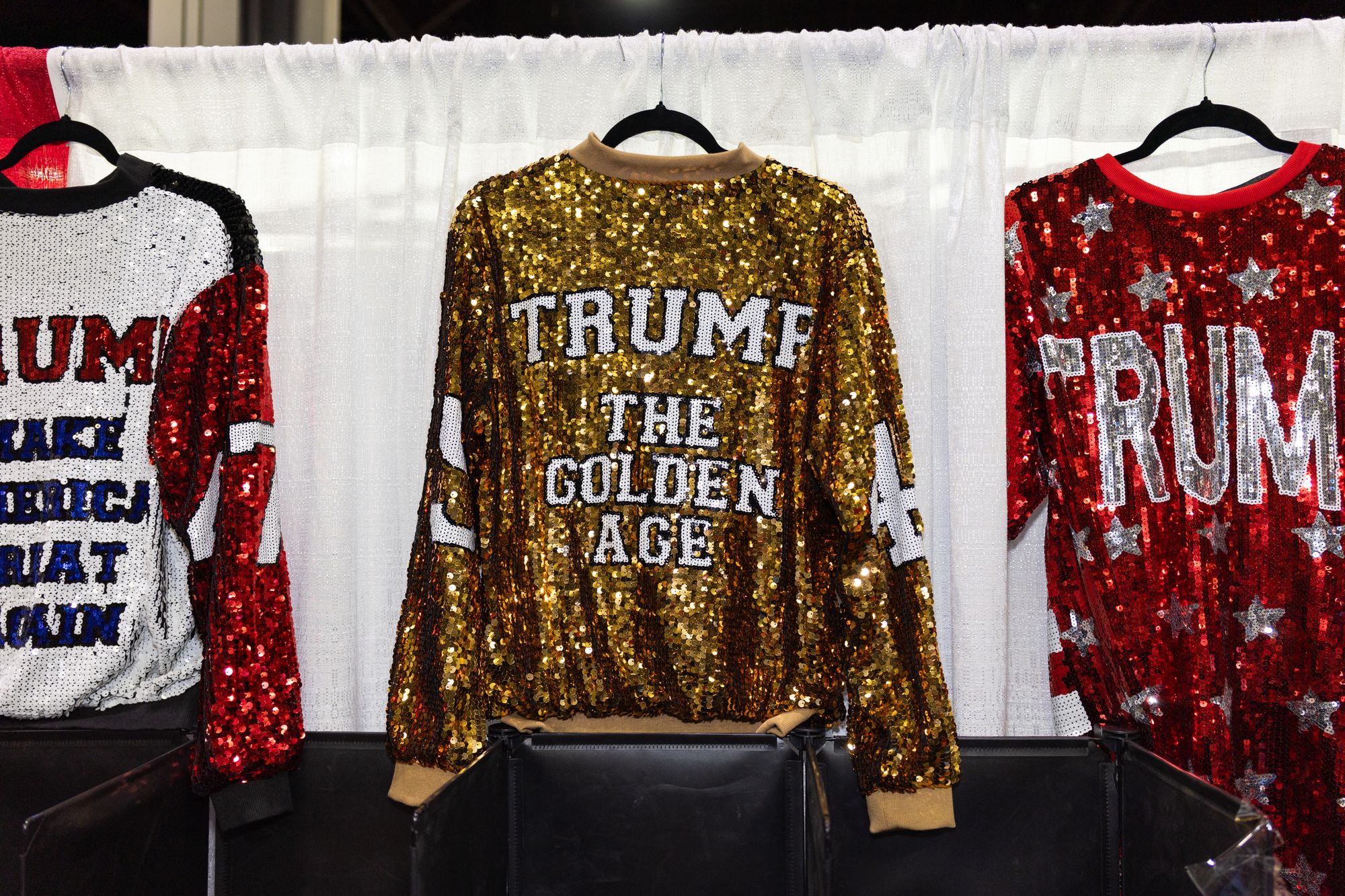 Trump-themed jackets were displayed during the 2025 NRA Annual Meetings & Exhibits in Georgia in April