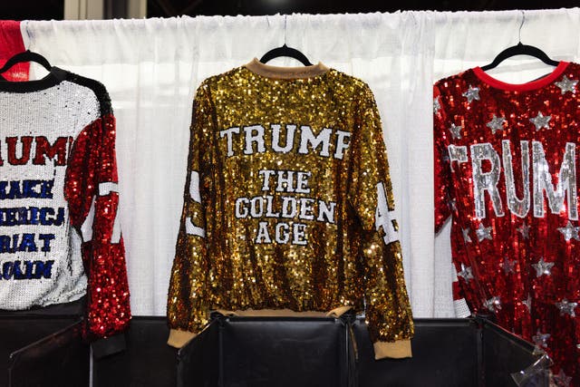 <p>Trump-themed jackets are displayed during the 2025 NRA Annual Meetings & Exhibits at the Georgia World Congress Center in Atlanta, Georgia, April 26, 2025</p>