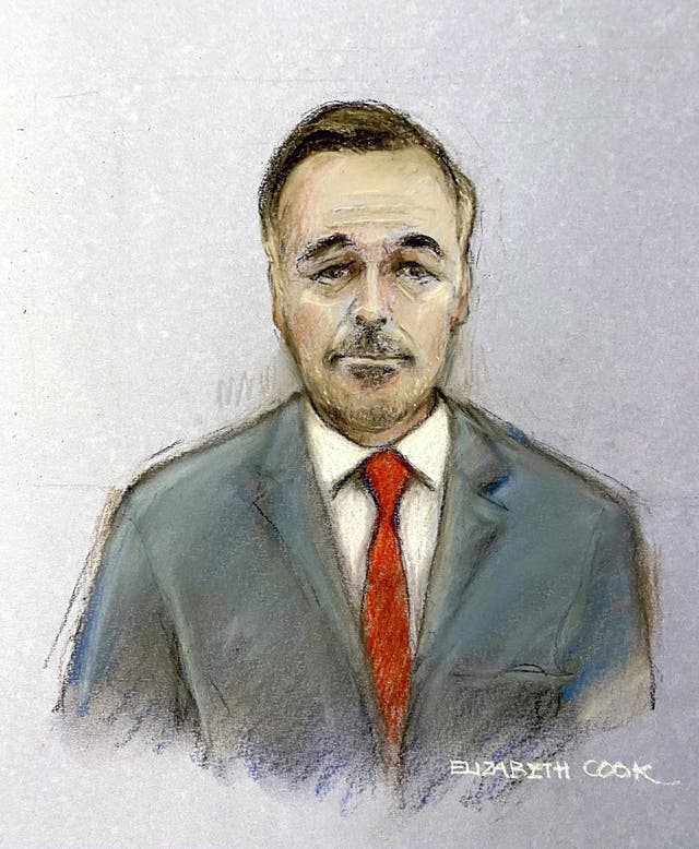 <p>Court artist sketch by Elizabeth Cook of David Furnish giving evidence via weblink at the Royal Courts of Justice </p>