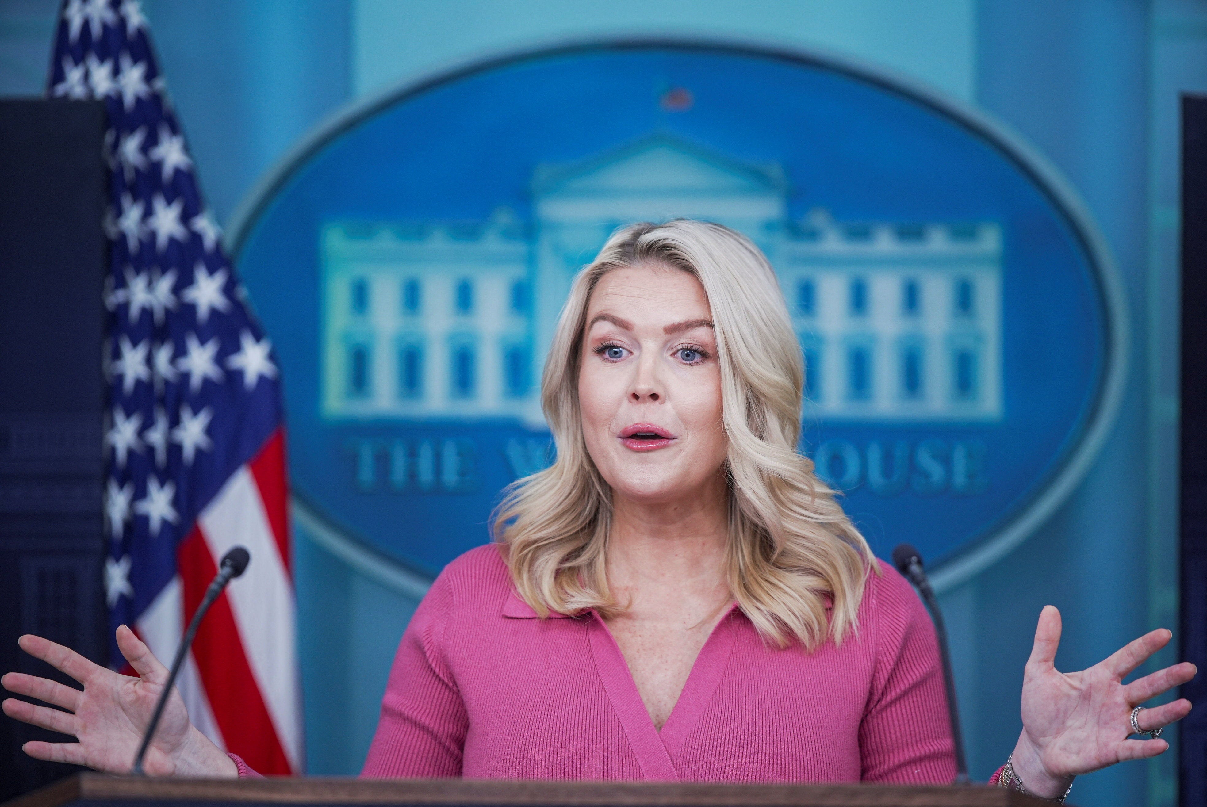 <p>White House Press Secretary Karoline Leavitt speaks during a press briefing at the White House in Washington, D.C., U.S., February 5, 2026. REUTERS/Al Drago</p>