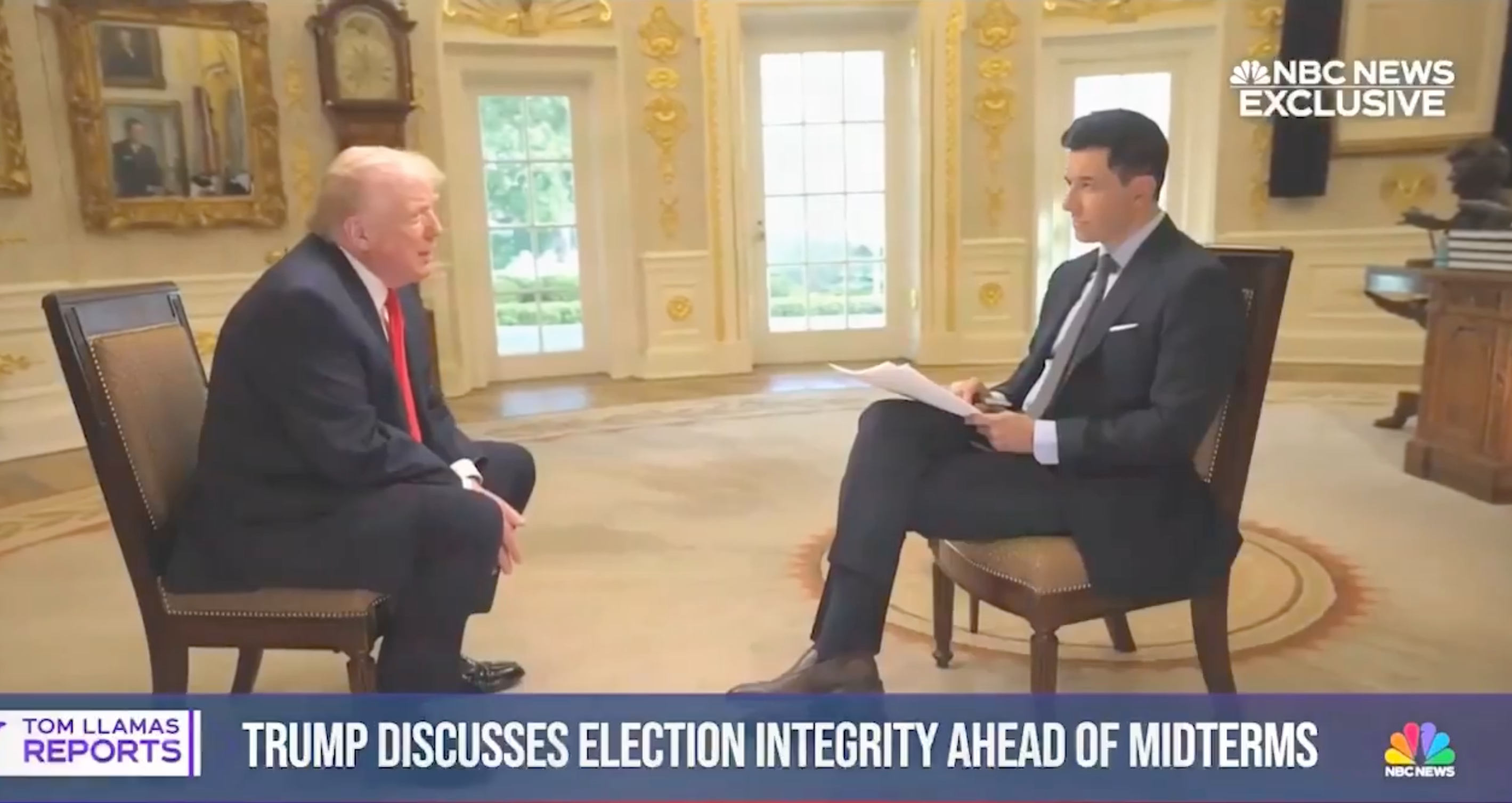 President Donald Trump speaks to NBC Nightly News' Tom Llamas during a Wednesday interview. Trump told Llamas that he believed there was 'corruption' in the voting processes of several cities, all of which typically lean towards Democrats in elections