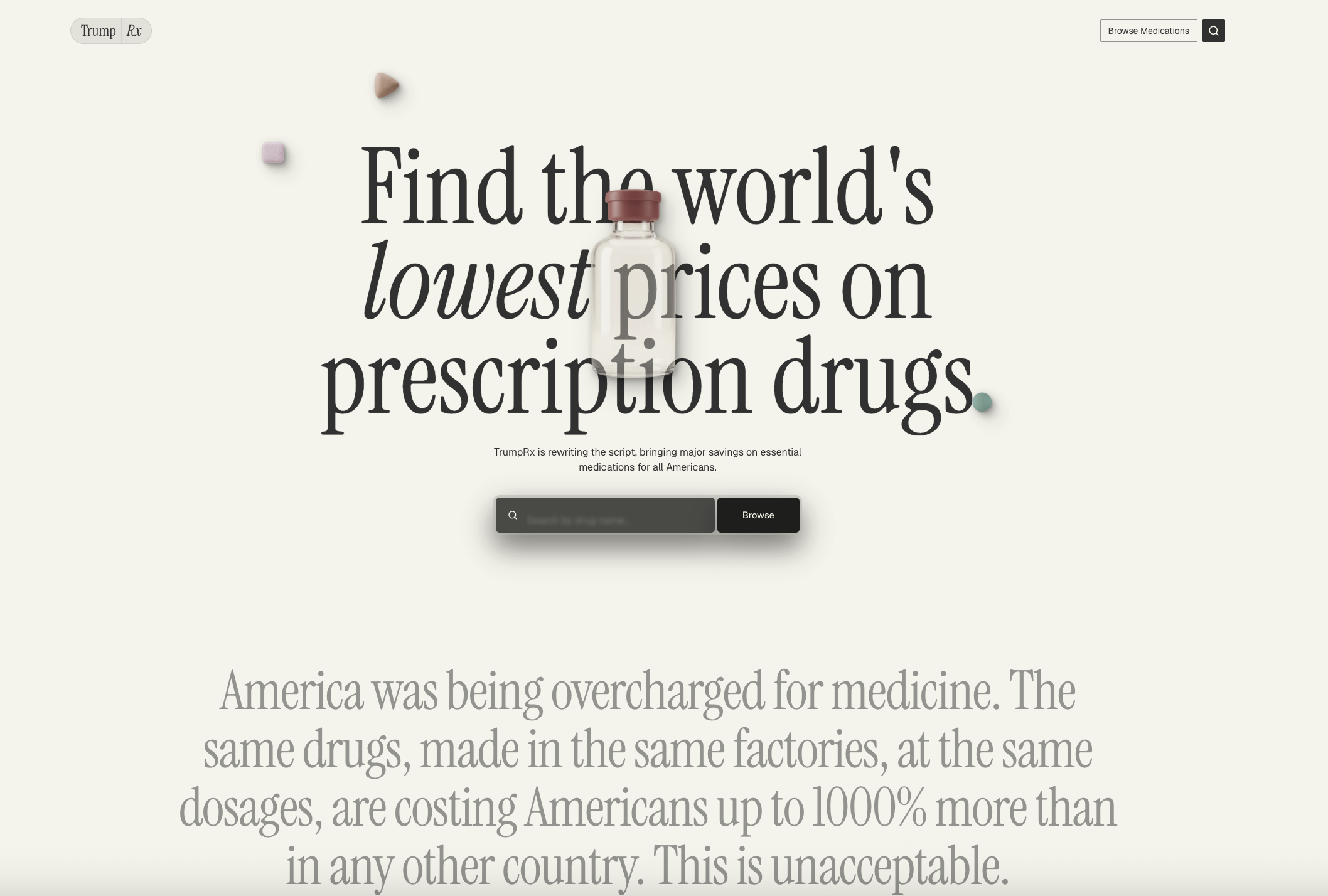 A screenshot showing the TrumpRx.gov prescription drug site's homepage. President Donald Trump announced the website's launch on February 5, 2025. He said that 'dozens' of the 'most popular prescription drugs' will be available at deeply discounted prices through the site.