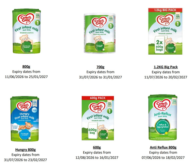 Danone is recalling several Aptamil and Cow & Gate First Infant Milk and Follow on Milk formula products because cereulide toxin may be present in some batches of the products