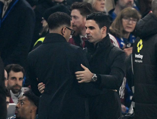 <p>Mikel Arteta (right) and Liam Rosenior on the touchline</p>