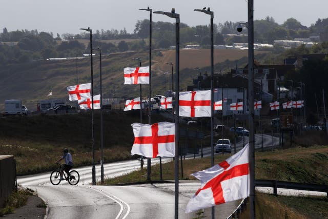 <p>St George’s flags fly along the coastal road on 2 September 2025 in Sheerness, Kent </p>
