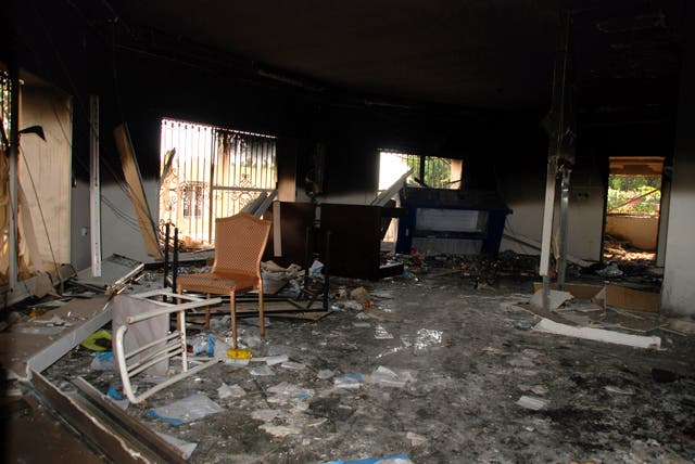 <p>Glass, debris and overturned furniture are strewn inside a room in the gutted U.S. consulate in Benghazi, Libya, after an attack that killed four Americans, including Ambassador Chris Stevens., Sept. 12, 2012</p>