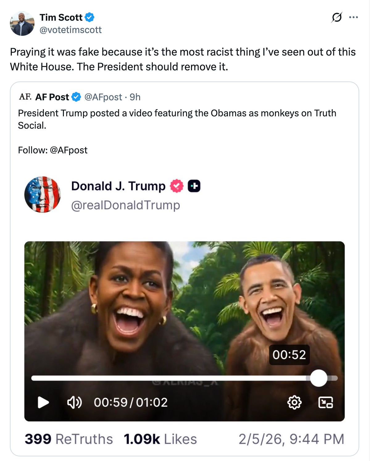 Senator Tim Scott, a South Carolina Republican, urged the president to delete the video