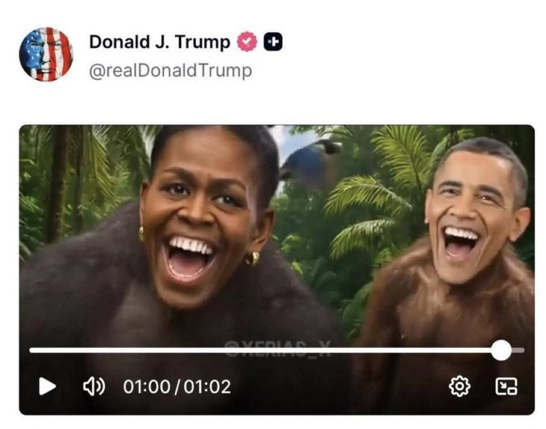 A video shared by Trump depicts Barack and Michelle Obama as apes in the jungle. It was met with strong backlash online, with people slamming it as ‘racist’ and disgusting’