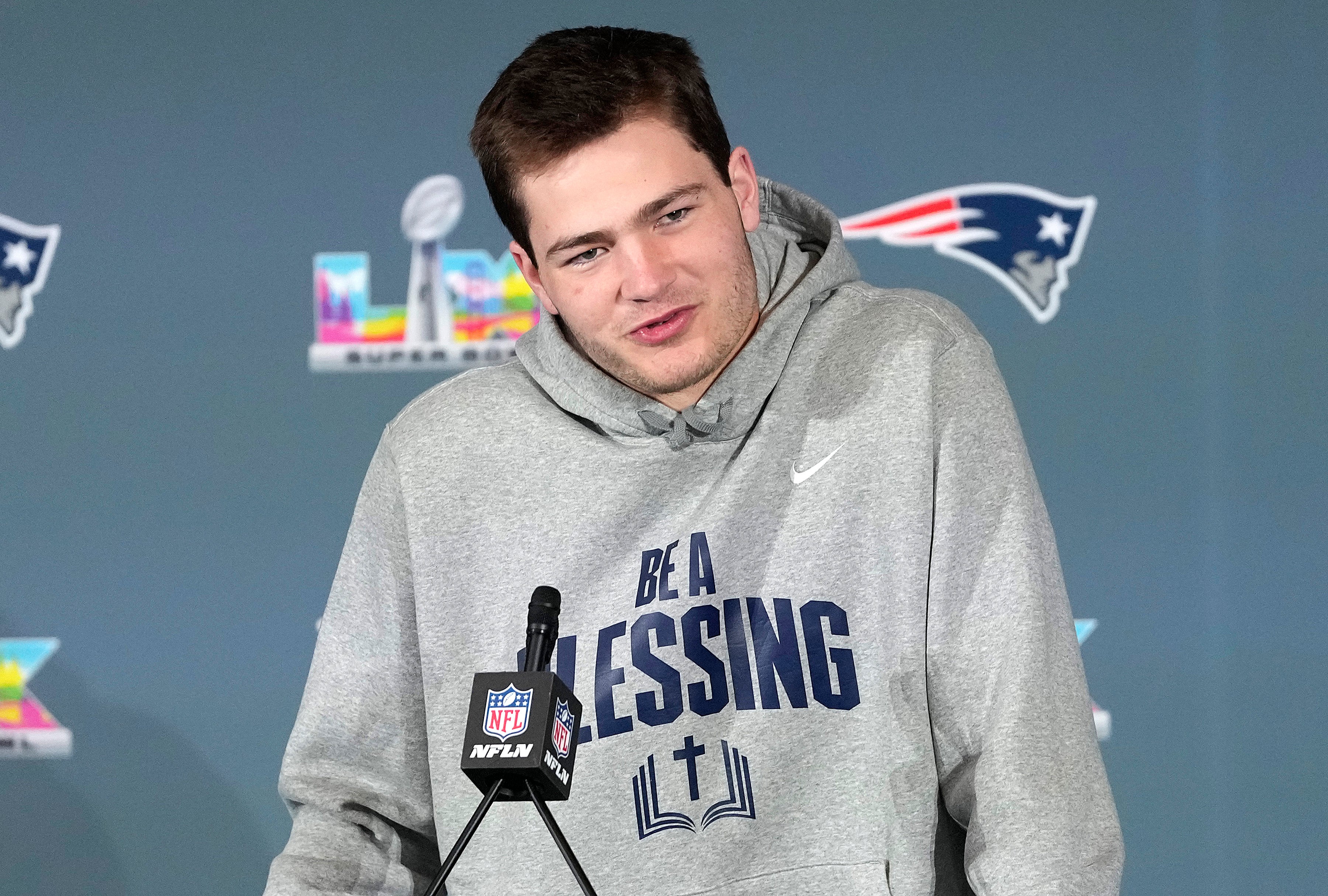 Drake Maye of the New England Patriots addresses the media