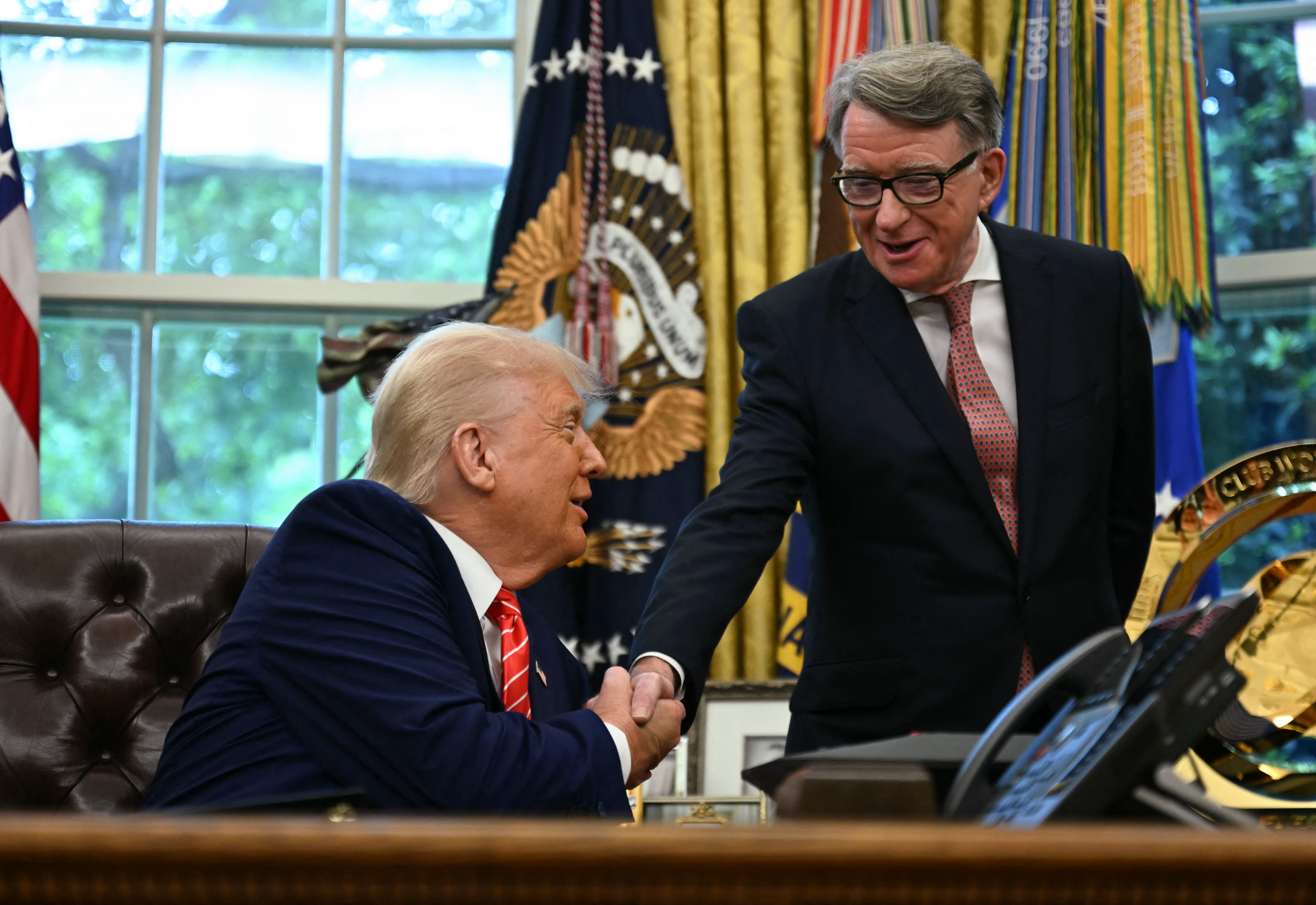 Peter Mandelson, in his role as UK ambassador to the US, with Donald Trump on 8 May 2025