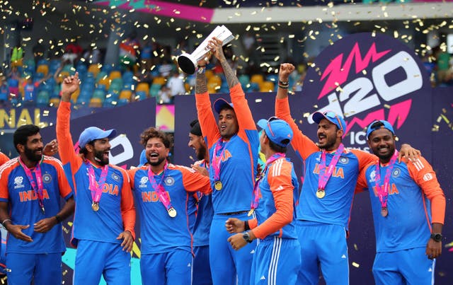 <p>File. India celebrate after winning the T20 World Cup in 2024</p>