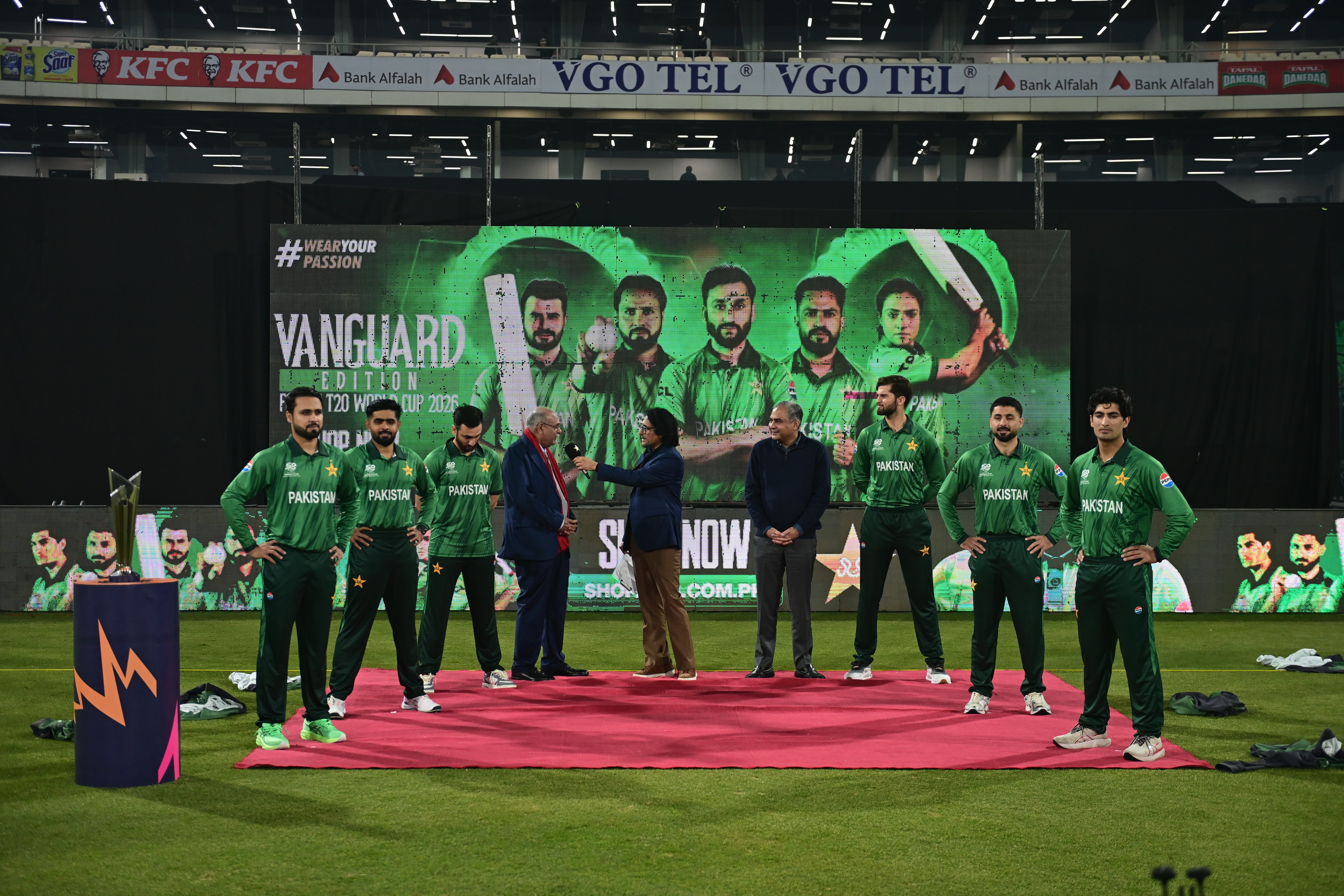 Pakistan’s players unveil ICC T20 World Cup 2026 jersey after their match against Australia at Gaddafi Stadium in Lahore on 1 February 2026