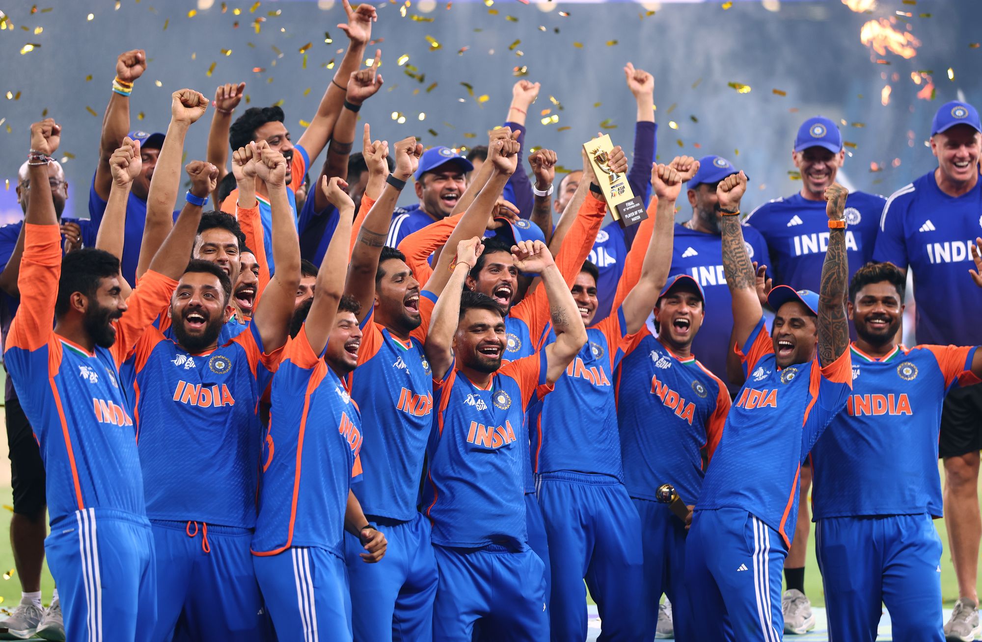 India celebrate their Asia Cup Final victory against Pakistan in Dubai on 28 September 2025