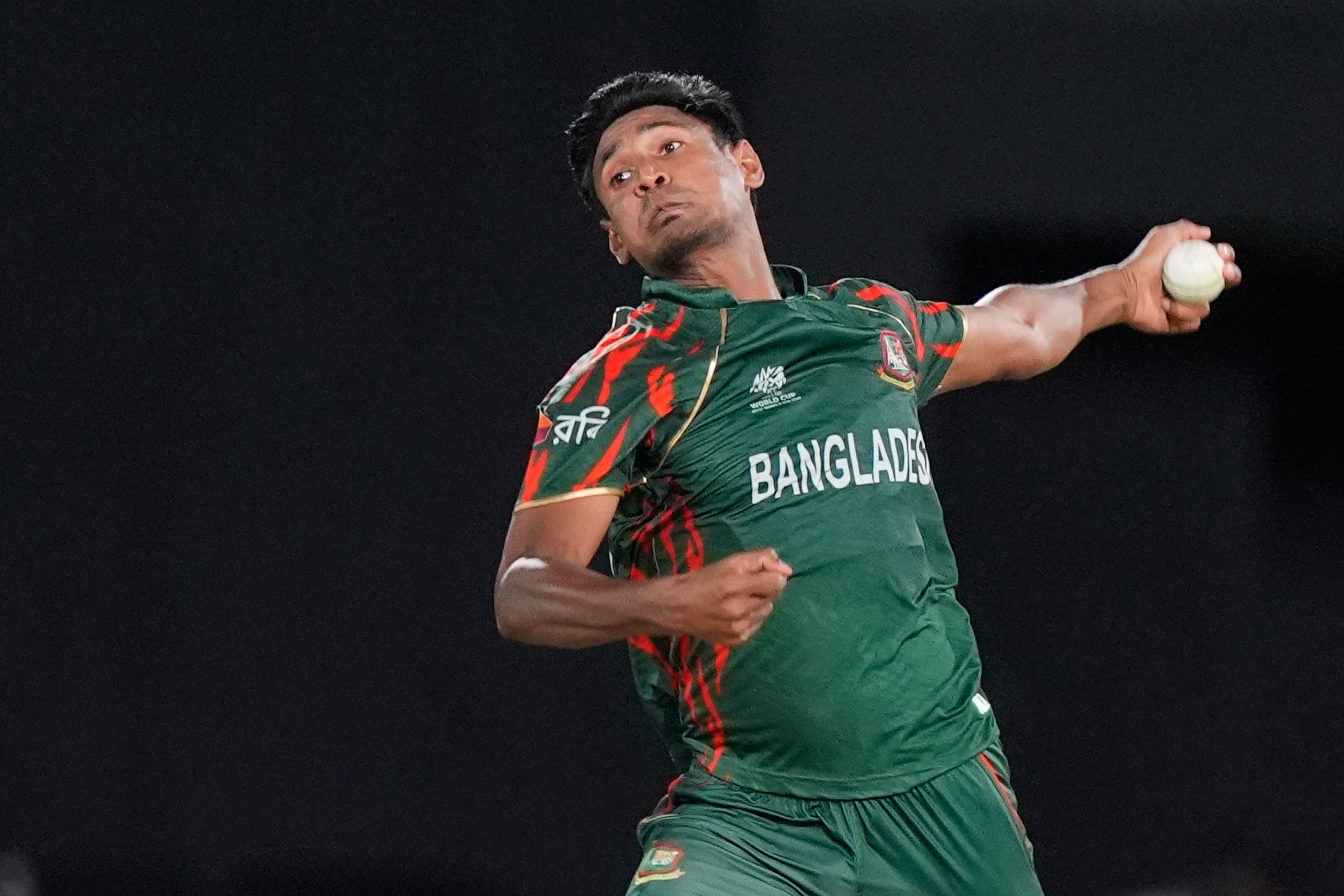 Bangladesh's Mustafizur Rahman during the T20 World Cup match between Bangladesh and Sri Lanka in Grand Prairie, Texas, on 7 June 2024