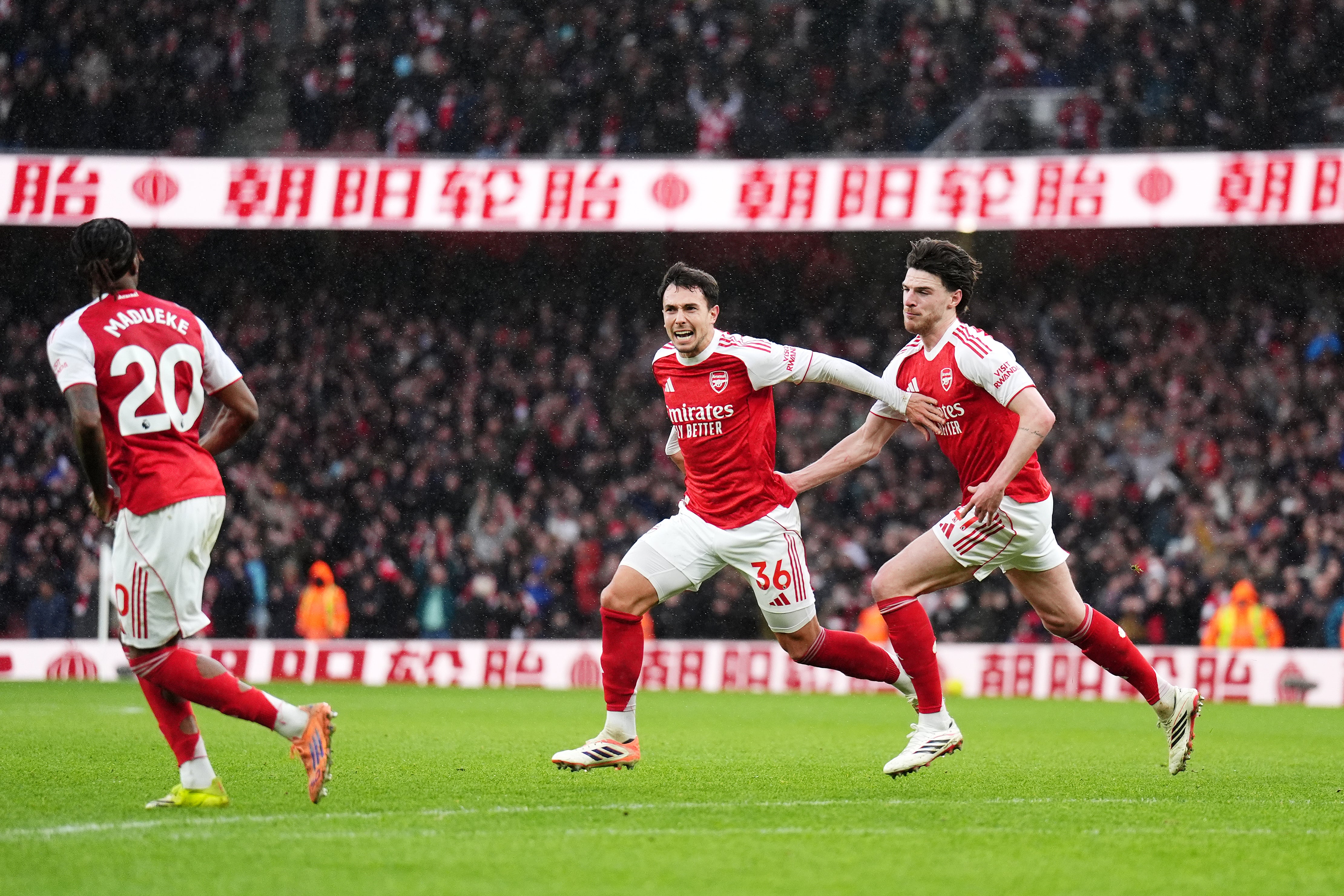 <p>Martin Zubimendi, centre, set Arsenal on their way (John Walton/PA)</p>