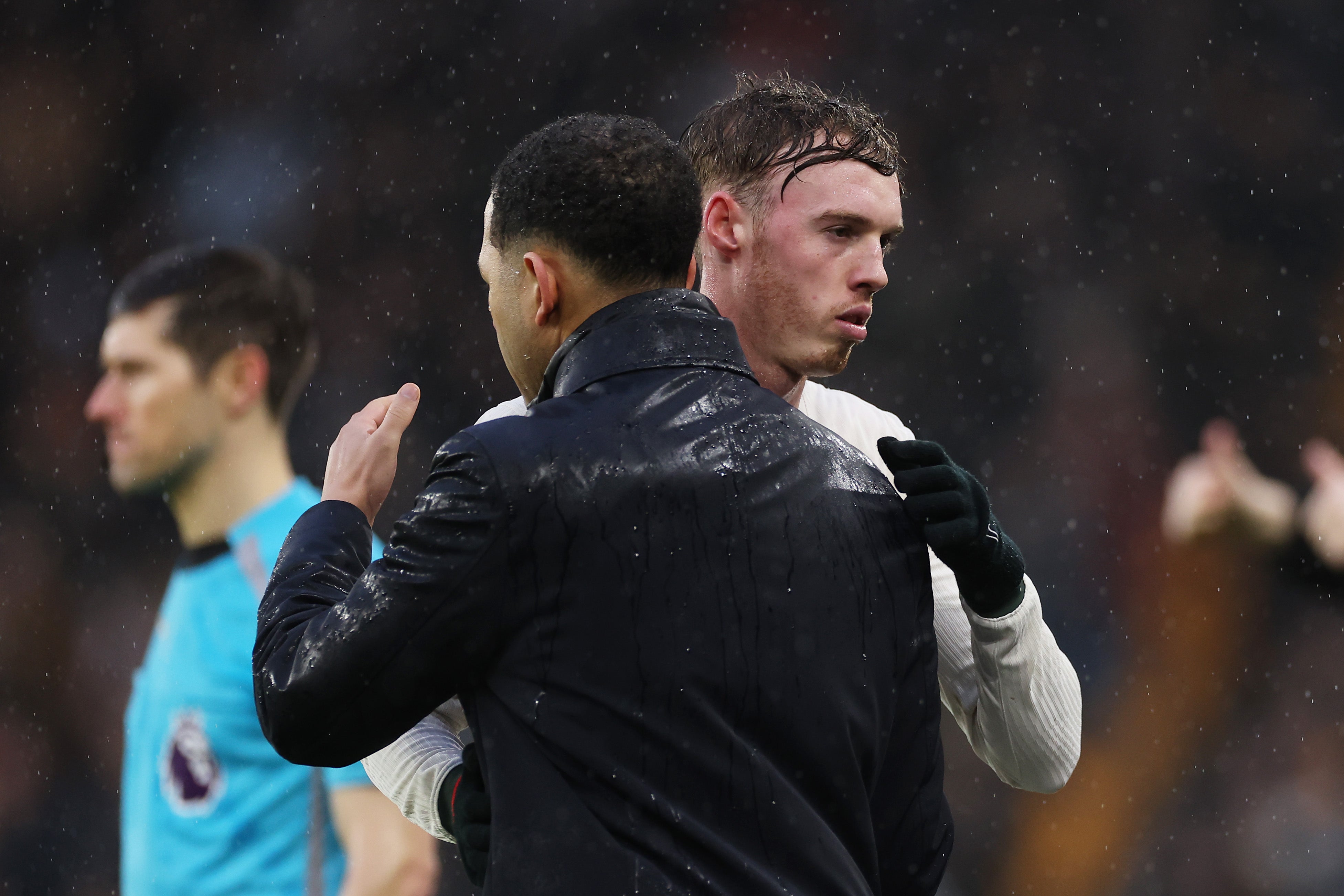 <p> Liam Rosenior, Manager of Chelsea interacts with Cole Palmer of Chelsea following the Premier League match between Wolverhampton Wanderers and Chelsea</p>