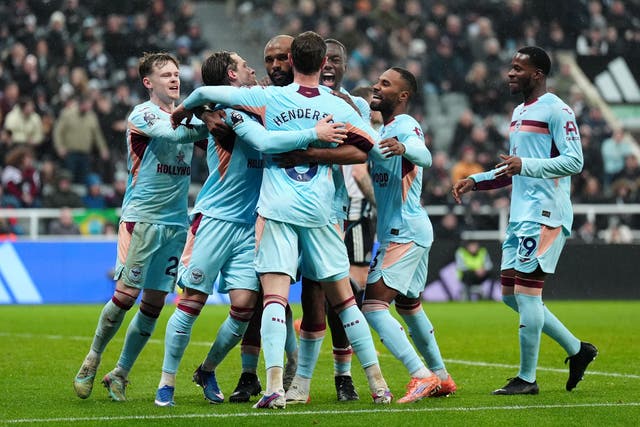 Brentford’s Igor Thiago (centre) celebrates his penalty in the win at Newcastle (Owen Humphreys/PA)