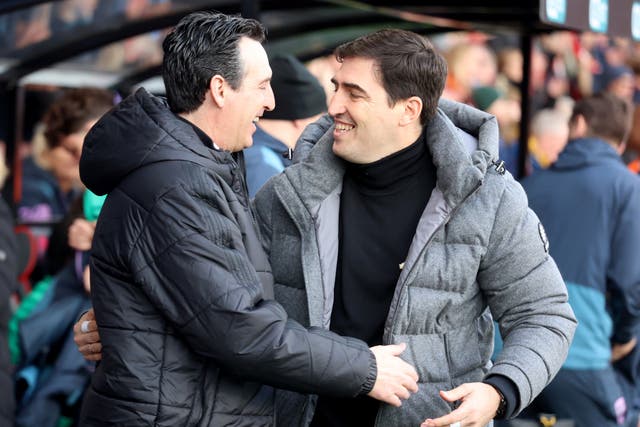 Aston Villa manager Unai Emery (left) and Bournemouth manager Andoni Iraola embrace before the match (Peter Tarry/PA)