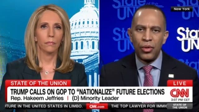<p>House Democratic leader Hakeem Jeffries vowed that Democrats would 'stop' Republican attempts to 'nationalize' U.S. elections systems</p>