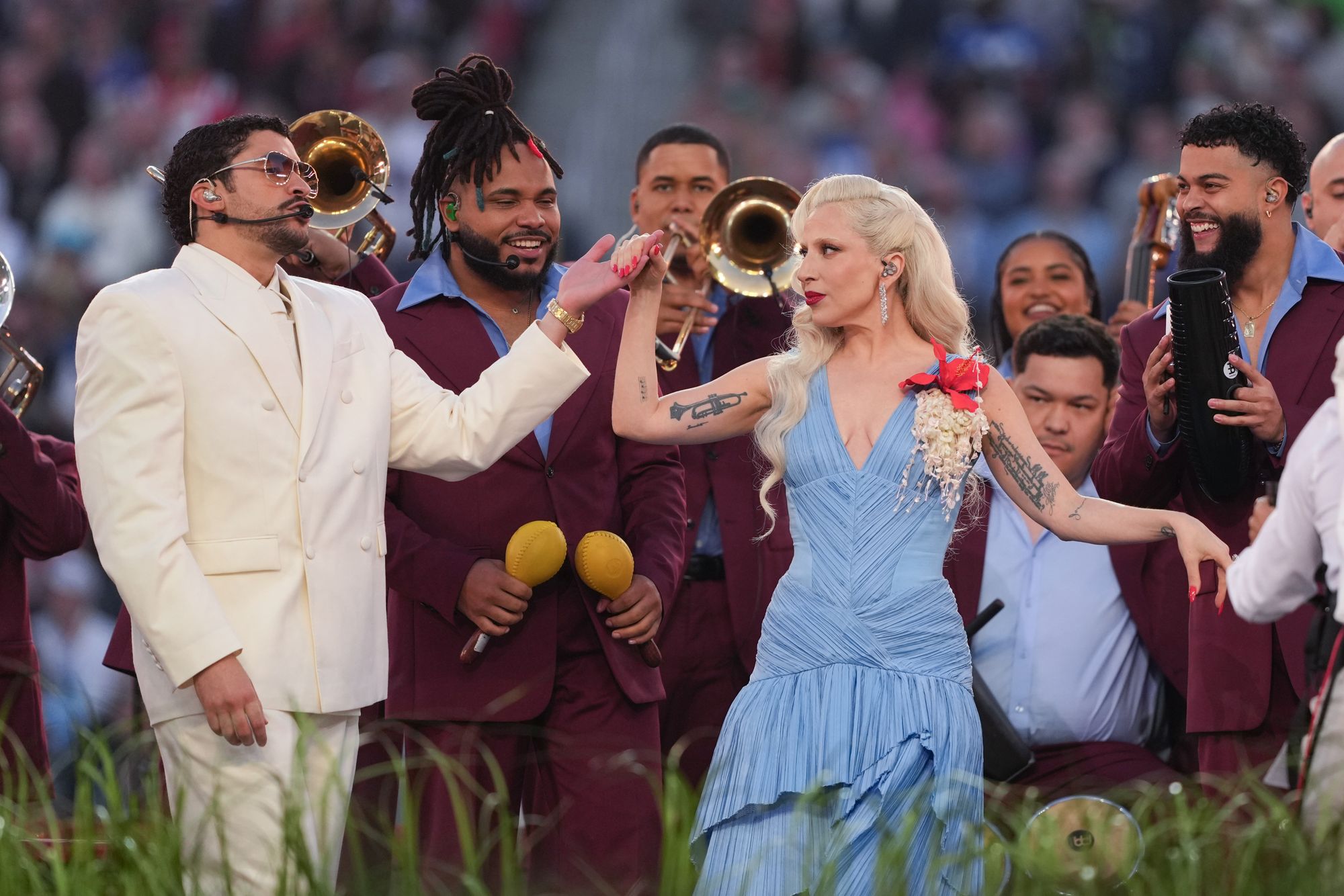 <p>Bad Bunny and Lady Gaga perform during halftime of the NFL Super Bowl 60 football game between the New England Patriots and the Seattle Seahawks</p>