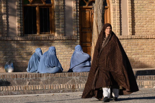 <p>Afghan burqa-clad women sit along a pavement in the Gazargah area of Herat</p>