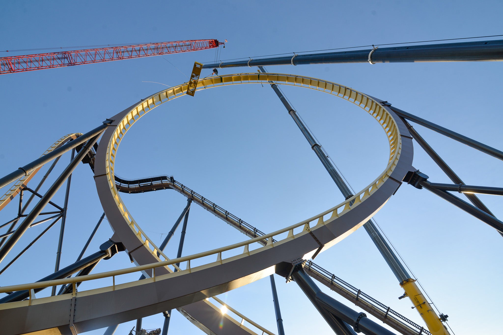 The record-breaking 179-foot loop for Tormenta Rampaging Run has been completed, marking a major construction milestone for the Six Flags Over Texas ride
