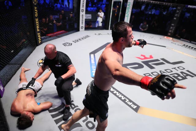 <p>Usman Nurmagomedov choked Alfie Davis unconscious to retain his PFL title</p>
