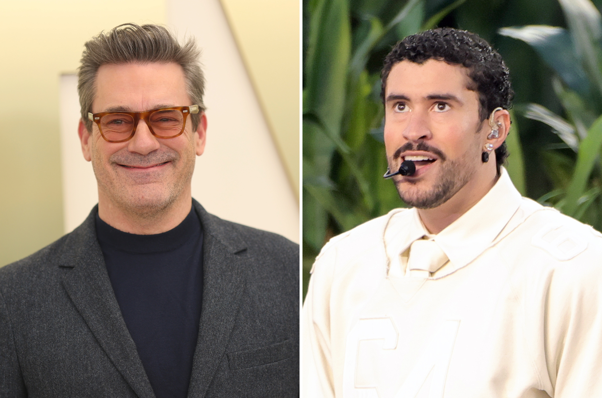 <p>Jon Hamm (left) has previously touted himself as a ‘huge Bad Bunny fan’</p>