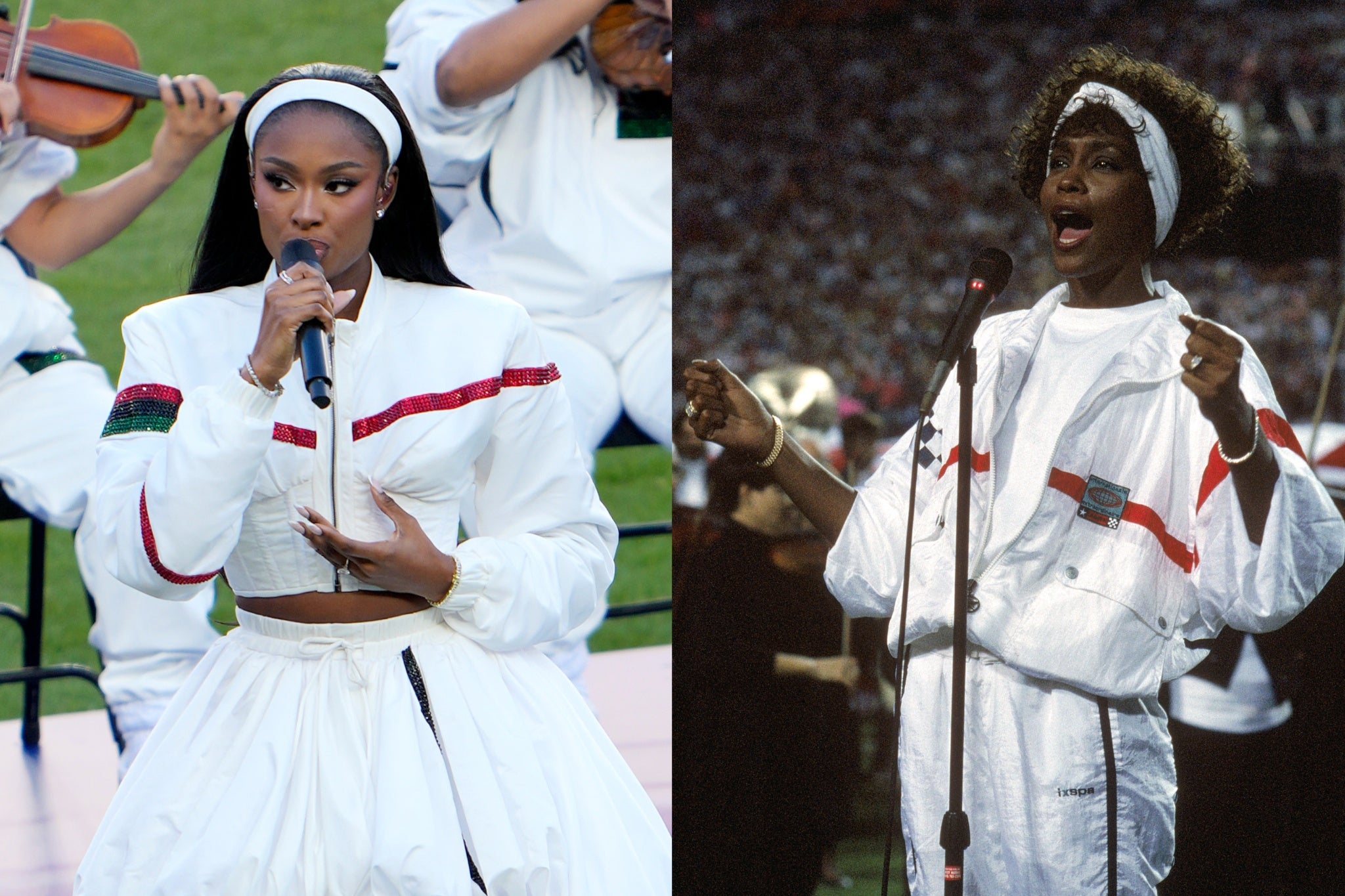 Coco Jones wore an outfit similar to Whitney Houston’s outfit at the 1991 Super Bowl for her pregame performance