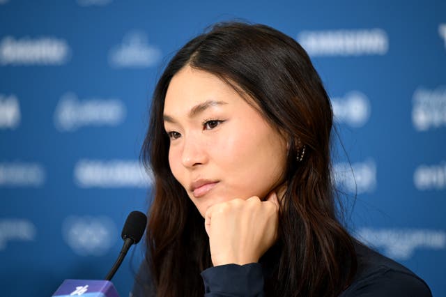 <p>Team USA’s Chloe Kim speaks at a press conference</p>