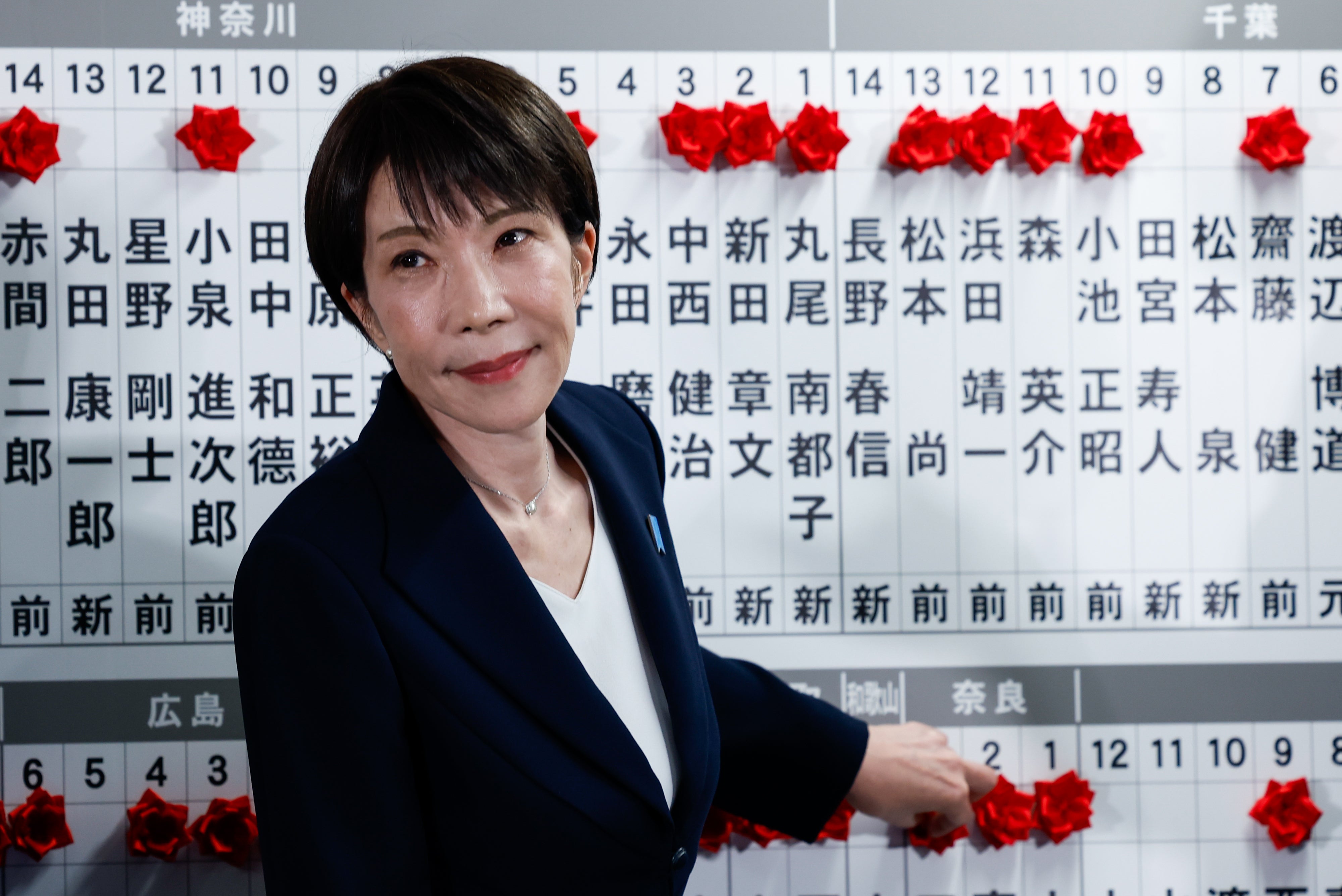 <p>Japan's prime minister Sanae Takaichi, leader of the ruling Liberal Democratic Party (LDP), places a red paper rose on the name of an elected candidate at the LDP headquarters on general election day on 8 February 2026 in Tokyo, Japan</p>